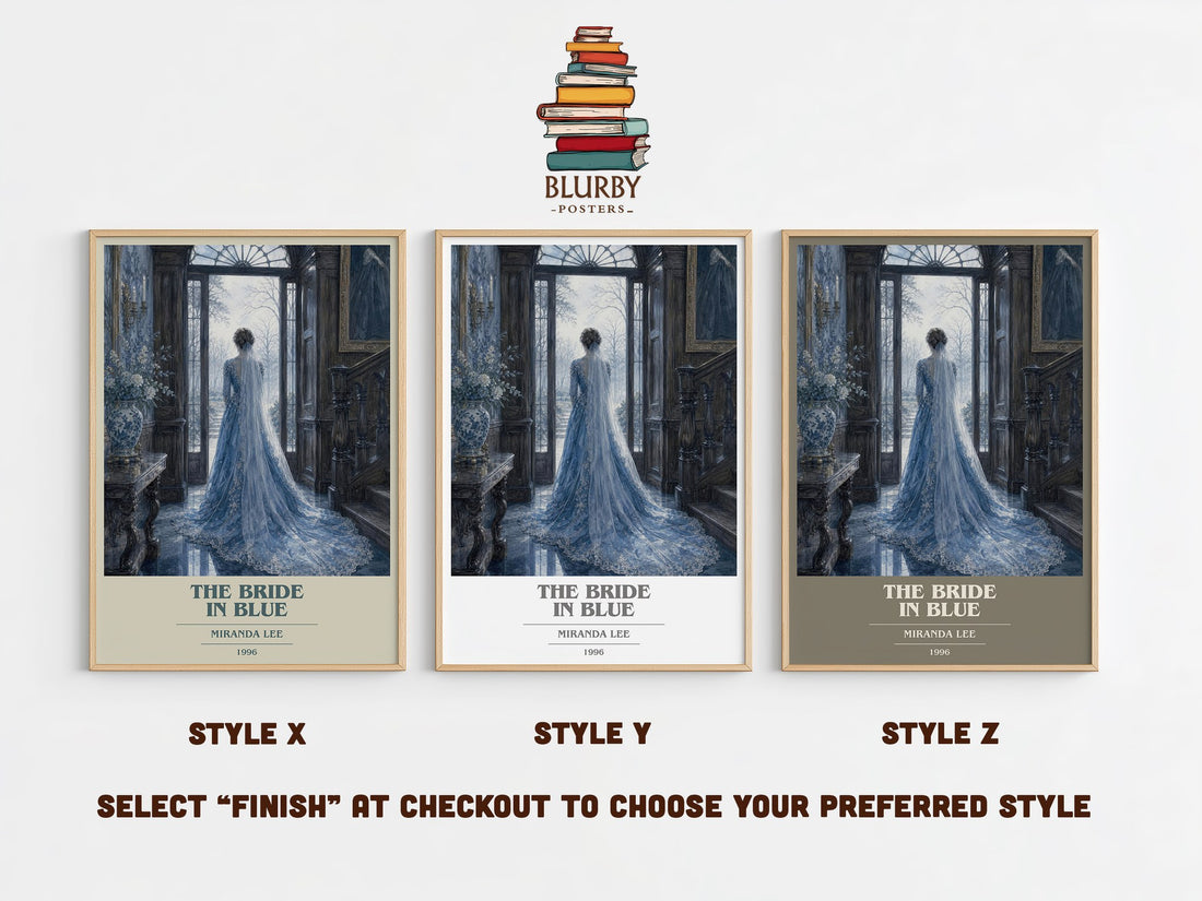 The Bride In Blue book cover print in frame leaning in hallway – romance wall art (mockup)