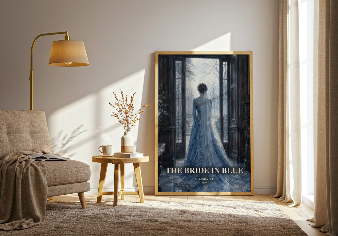 The Bride In Blue watercolour print in frame leaning in hallway – romance wall art