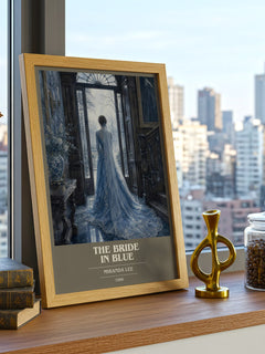 The Bride In Blue book cover print framed by window – literary home decor