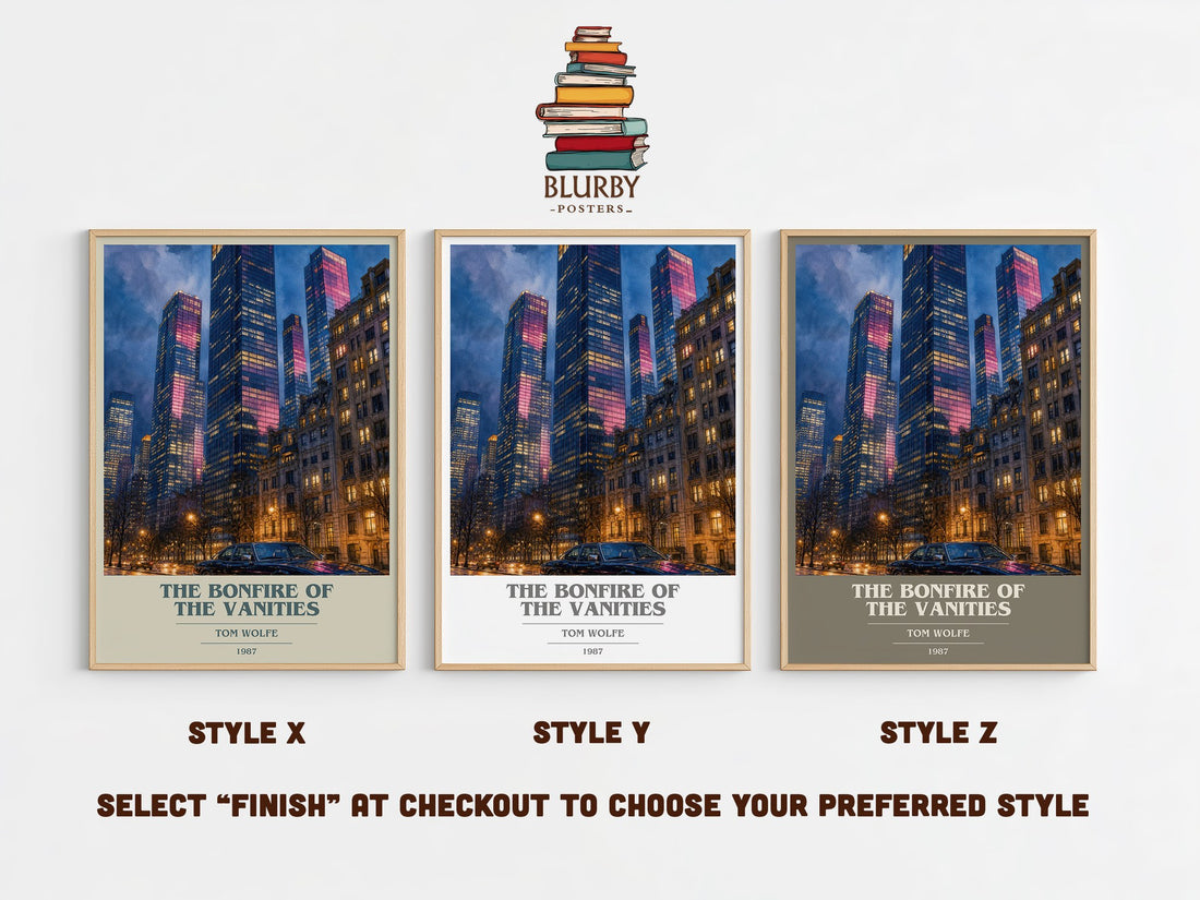 The Bonfire of the Vanities book cover print in frame leaning in hallway – satire wall art (mockup)