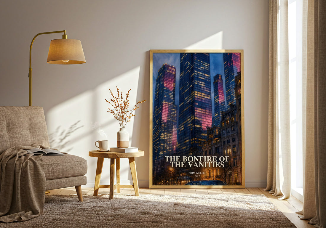 The Bonfire of the Vanities watercolour print in frame leaning in hallway – satire wall art