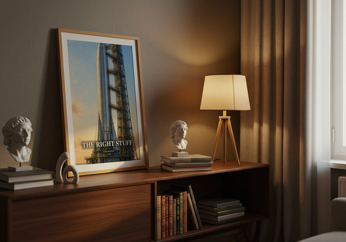 The Right Stuff watercolour print on bookshelf – Tom Wolfe fan gift
