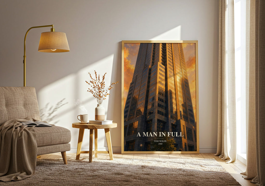 A Man in Full watercolour print in frame leaning in hallway – contemporary fiction wall art