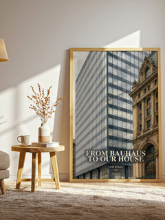 From Bauhaus to our house watercolour print in frame leaning in hallway – non fiction wall art
