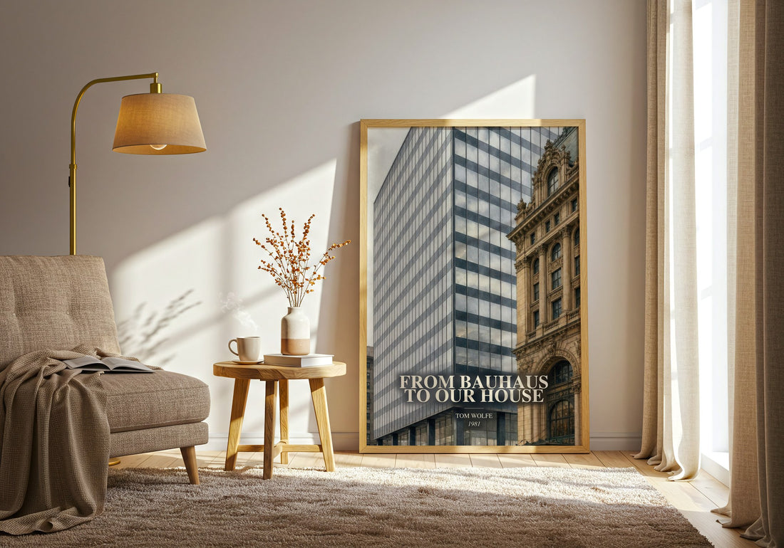 From Bauhaus to our house watercolour print in frame leaning in hallway – non fiction wall art