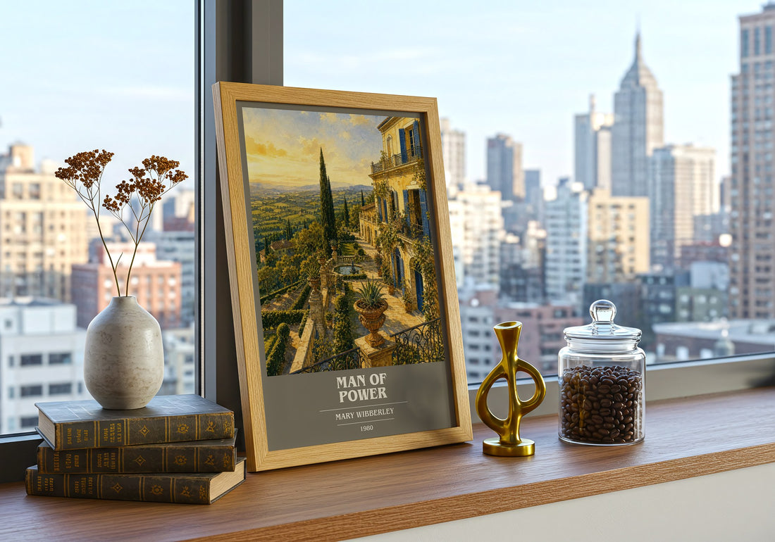 Man of power book cover print framed by window – literary home decor