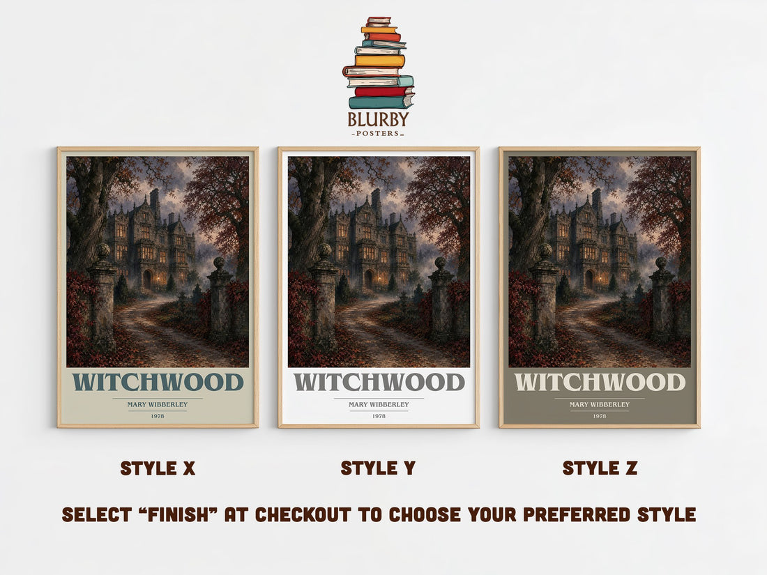 Witchwood book cover print in frame leaning in hallway – gothic wall art (mockup)