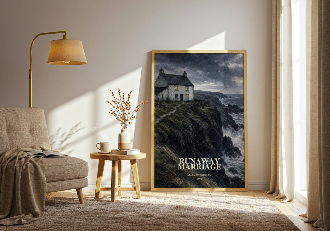 Runaway marriage watercolour print in frame leaning in hallway – romance wall art