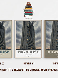 High-Rise book cover print in frame leaning in hallway – dystopian wall art