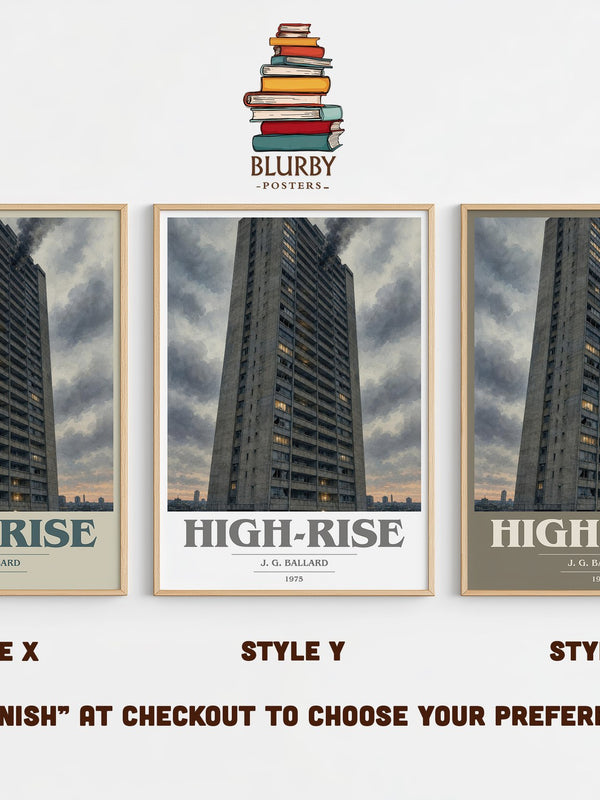 High-Rise book cover print in frame leaning in hallway – dystopian wall art