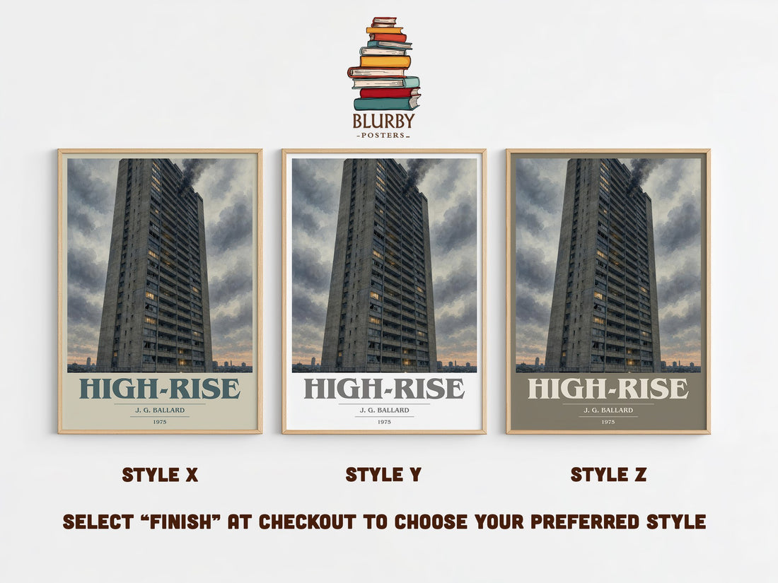 High-Rise book cover print in frame leaning in hallway – dystopian wall art (mockup)