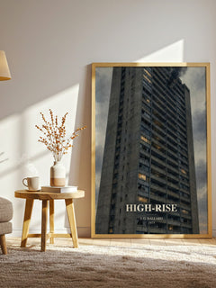 High-Rise watercolour print in frame leaning in hallway – dystopian wall art
