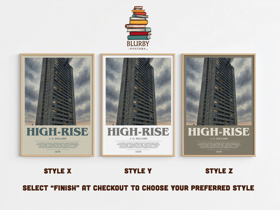High-Rise bookish print in frame leaning in hallway – dystopian wall art (mockup)