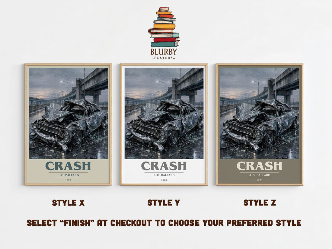 Crash book cover print in frame leaning in hallway – literary fiction wall art (mockup)