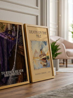 To ride a silver broomstick watercolour print framed by window – literary home decor