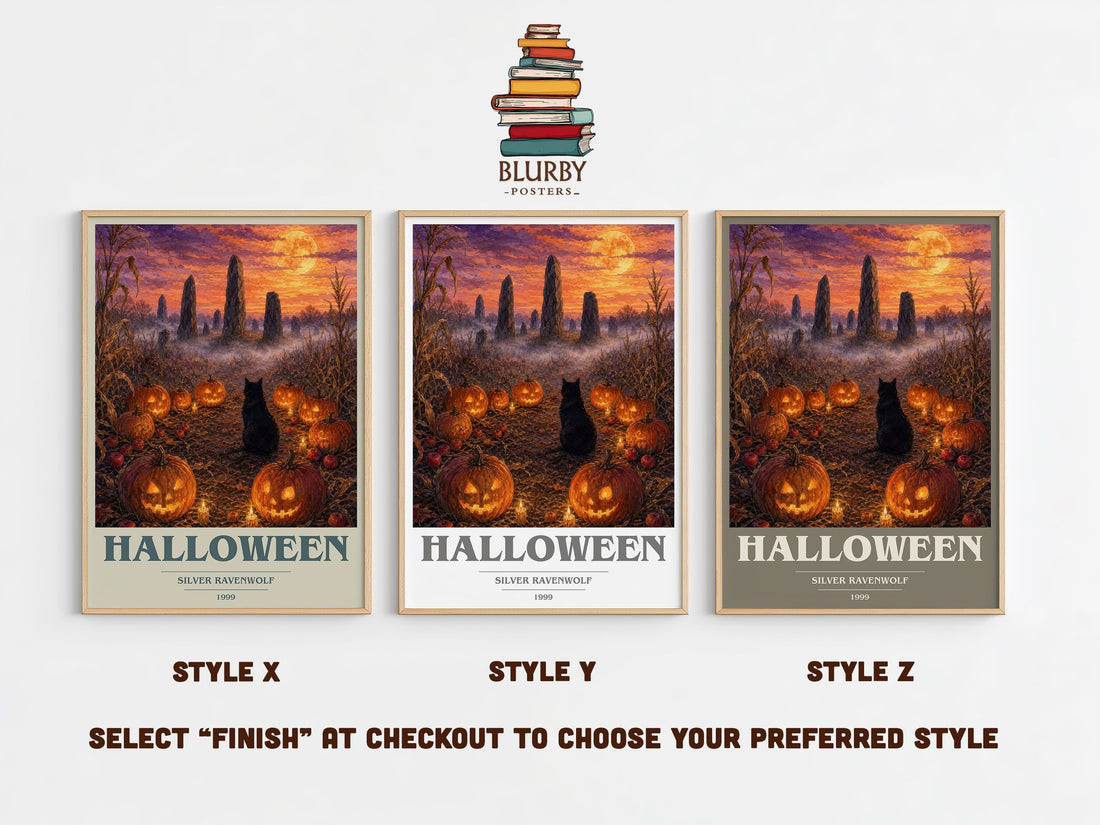 Halloween book cover print in frame leaning in hallway – non fiction wall art (mockup)