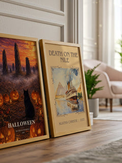 Halloween watercolour print framed by window – literary home decor