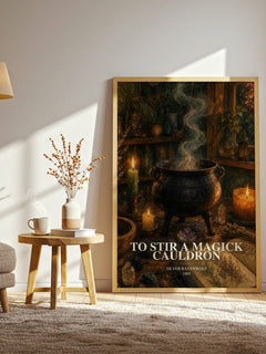 To Stir a Magick Cauldron watercolour print in frame leaning in hallway – non fiction wall art