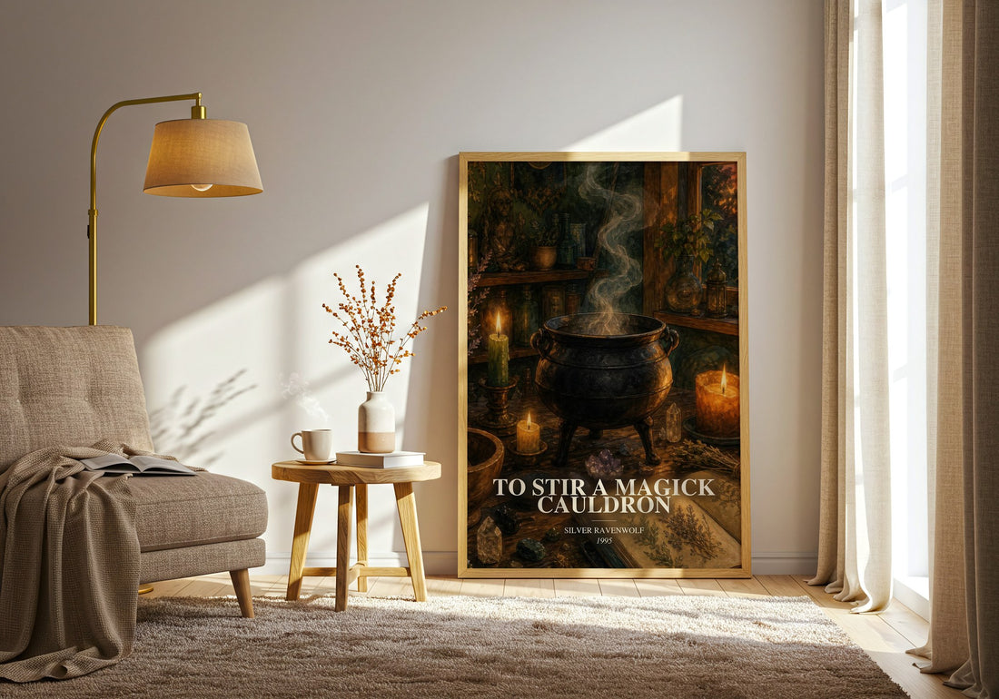 To Stir a Magick Cauldron watercolour print in frame leaning in hallway – non fiction wall art