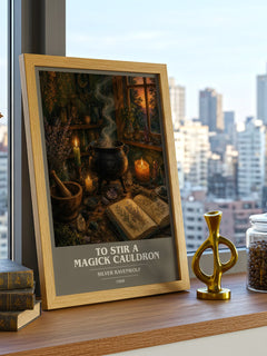 To Stir a Magick Cauldron book cover print framed by window – literary home decor