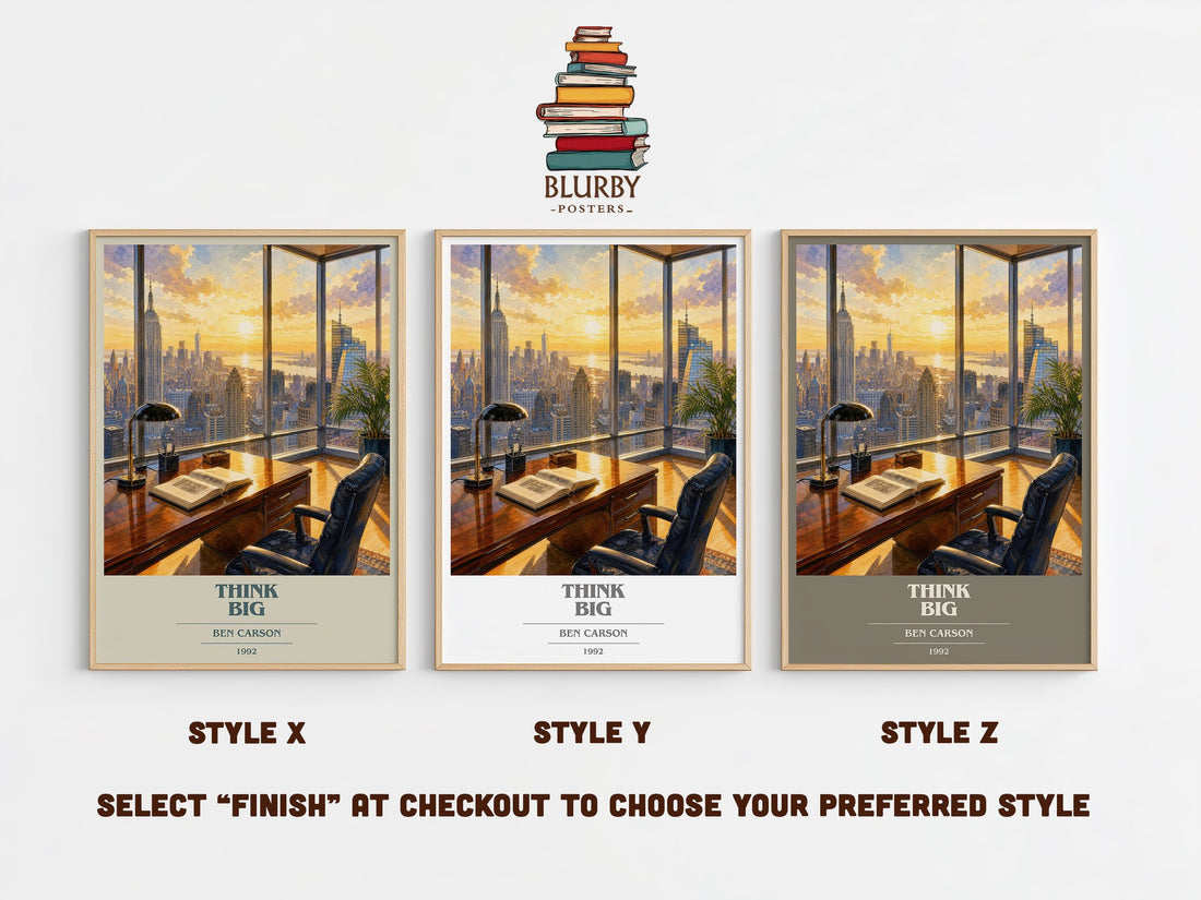 Think big book cover print in frame leaning in hallway – memoir wall art (mockup)