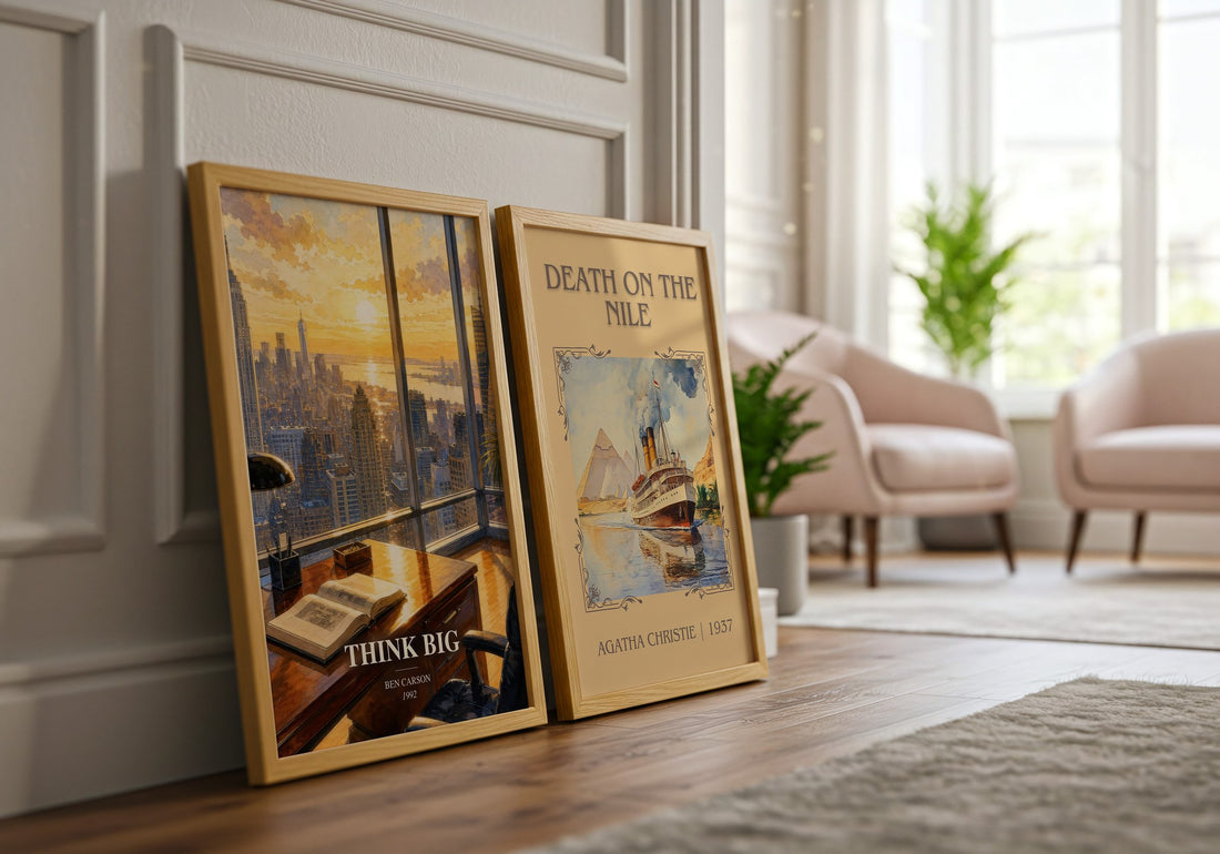 Think big watercolour print framed by window – literary home decor