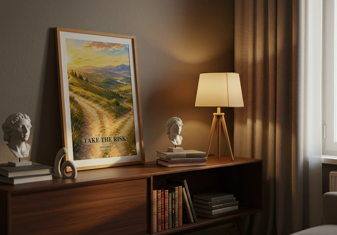 Take the risk watercolour print on bookshelf – Ben Carson fan gift