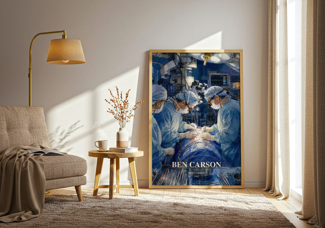 Ben Carson watercolour print in frame leaning in hallway – memoir wall art