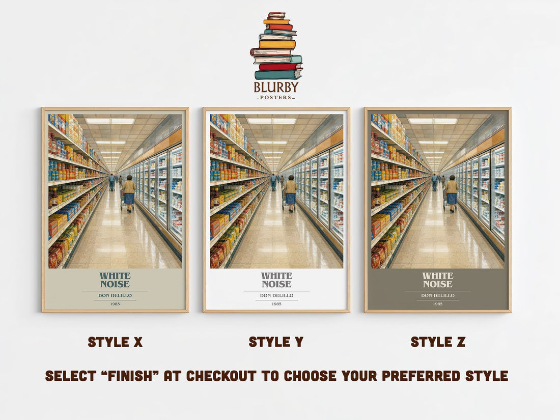 White Noise book cover print in frame leaning in hallway – literary fiction wall art (mockup)