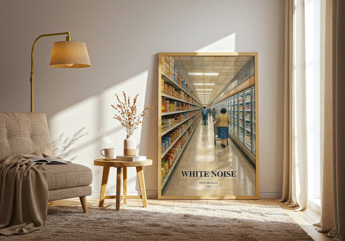 White Noise watercolour print in frame leaning in hallway – literary fiction wall art