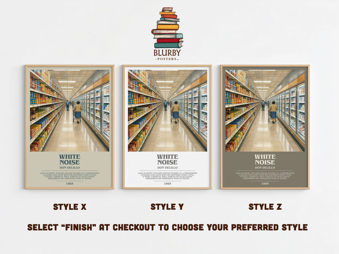 White Noise bookish print in frame leaning in hallway – literary fiction wall art (mockup)