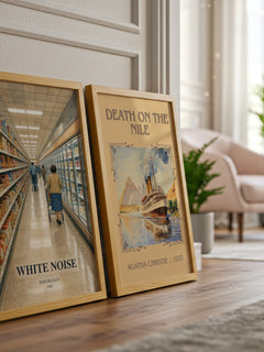 White Noise watercolour print framed by window – literary home decor