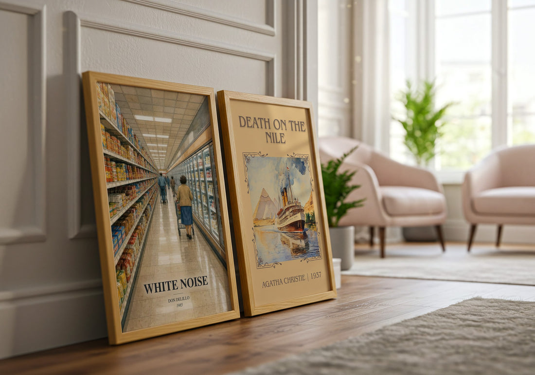White Noise watercolour print framed by window – literary home decor