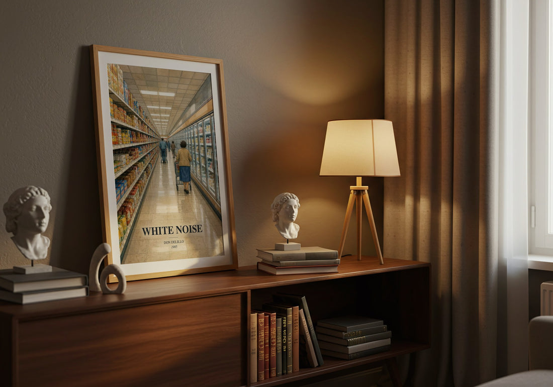 White Noise watercolour print on bookshelf – Don DeLillo fan gift