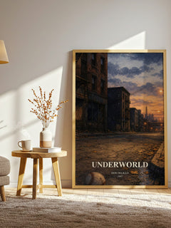 Underworld watercolour print in frame leaning in hallway – literary fiction wall art