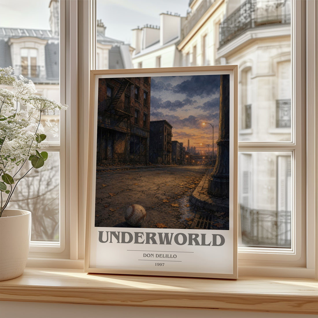 Underworld Book Cover Poster by Don DeLillo – framed print by a bright window