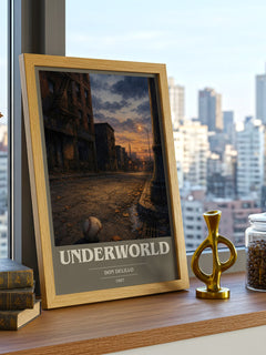 Underworld Book Cover Poster by Don DeLillo – framed print on a city-view windowsill