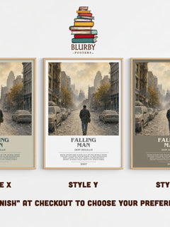 Falling Man bookish print in frame leaning in hallway – contemporary fiction wall art