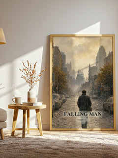 Falling Man watercolour print in frame leaning in hallway – contemporary fiction wall art