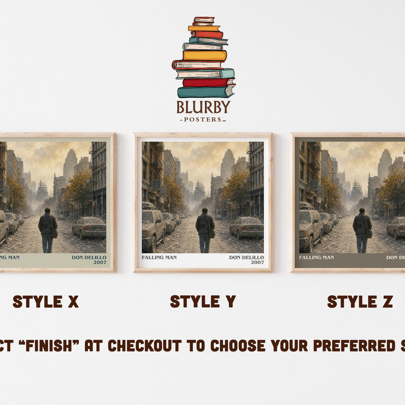 Falling Man literary print in frame leaning in hallway – contemporary fiction wall art