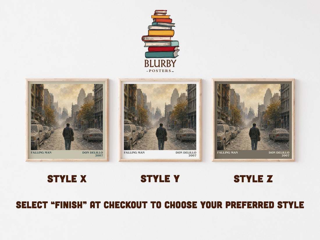 Falling Man literary print in frame leaning in hallway – contemporary fiction wall art (mockup)