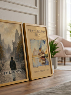 Falling Man watercolour print framed by window – literary home decor