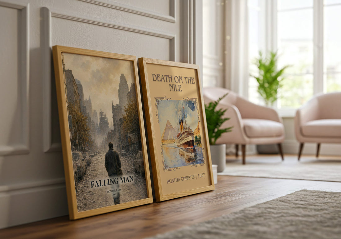 Falling Man watercolour print framed by window – literary home decor