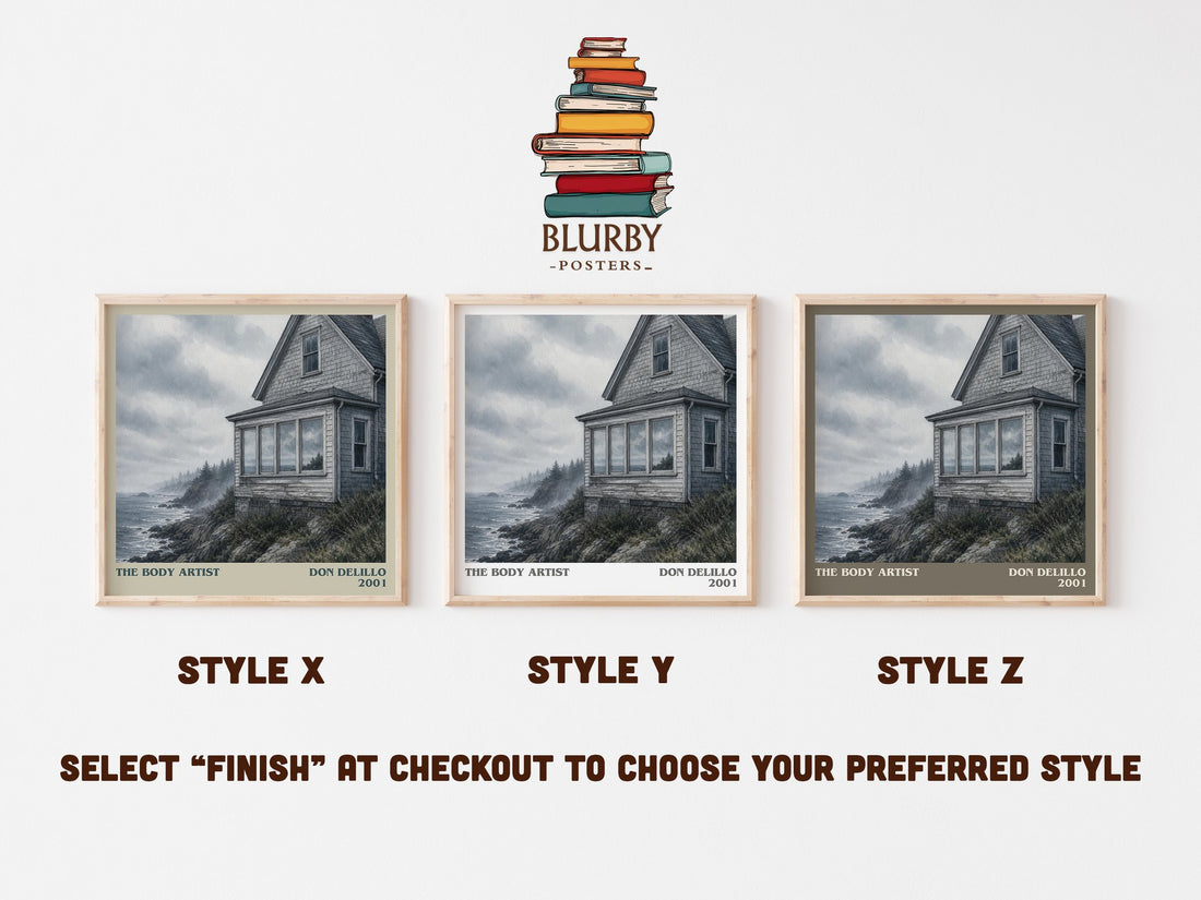 The Body Artist literary print in frame leaning in hallway – contemporary fiction wall art (mockup)