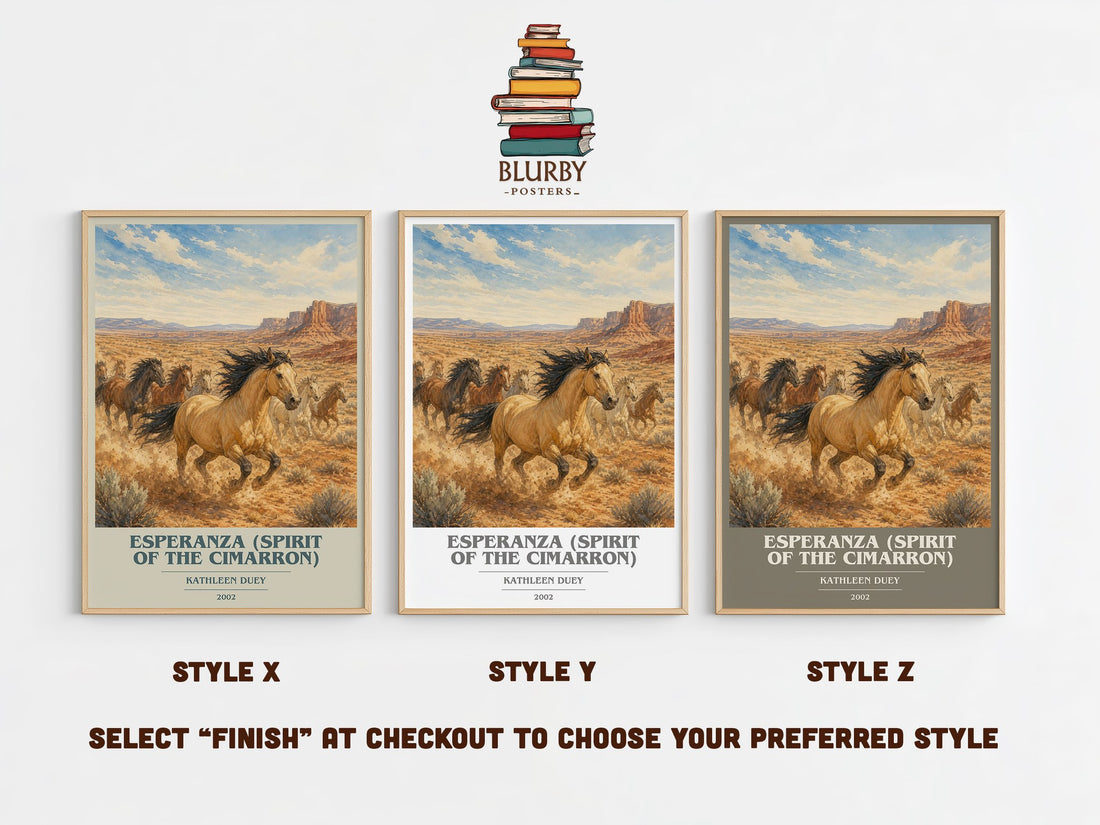 Esperanza (Spirit of the Cimarron) book cover print in frame leaning in hallway – childrens wall art (mockup)