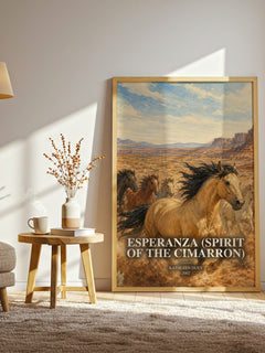 Esperanza (Spirit of the Cimarron) watercolour print in frame leaning in hallway – childrens wall art