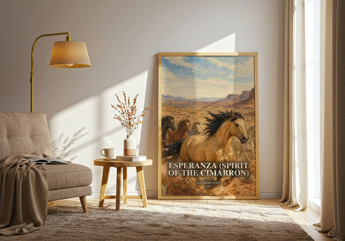Esperanza (Spirit of the Cimarron) watercolour print in frame leaning in hallway – childrens wall art