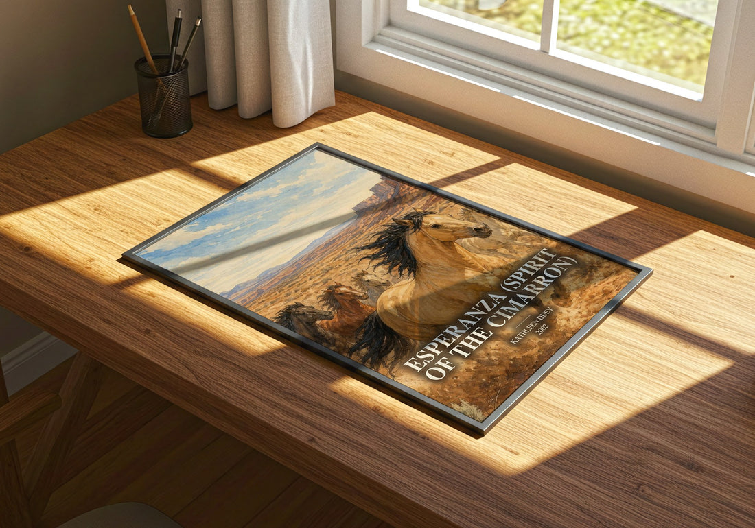 Esperanza (Spirit of the Cimarron) watercolour book poster framed on wall – childrens wall art