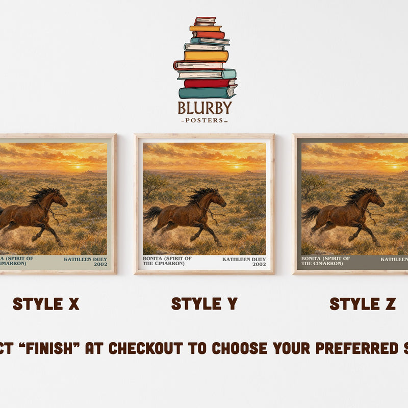 Bonita (Spirit of the Cimarron) literary print in frame leaning in hallway – childrens wall art