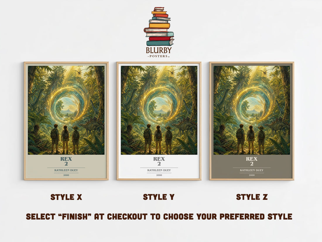 Rex 2 book cover print in frame leaning in hallway – young adult wall art (mockup)